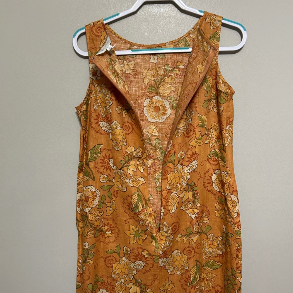 Petite Sophisticate 100% Linen Dress 8 Orange Yellow Sleeveless Floral Midi - Picture 4 of 10